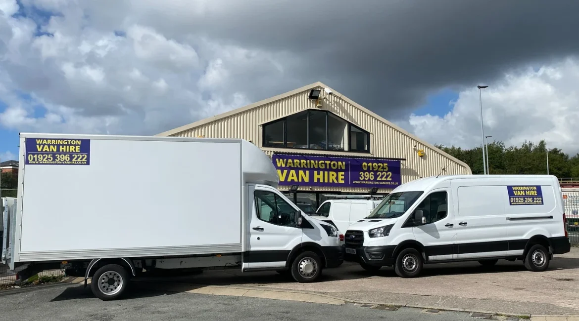 Warrington Van Hire Luton box van with tail lift parked outside the depot