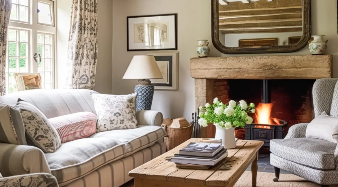 Holiday let furniture in a cottage living room with a sofa, armchairs and a log burner
